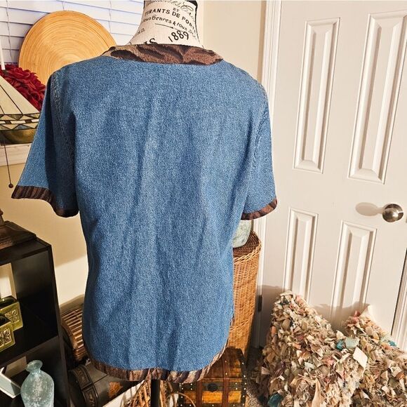 Vtg 80's Studio West Boxy Animal Print Trim Denim Short Sleeve Jacket. - Picture 3 of 15